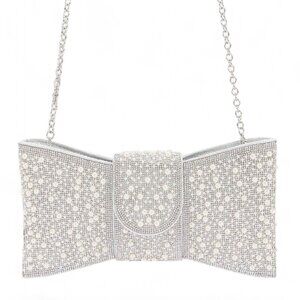 NWT Brand New Pearl Studs Metallic Bow Tie Clutch Handle Bag- SILVER